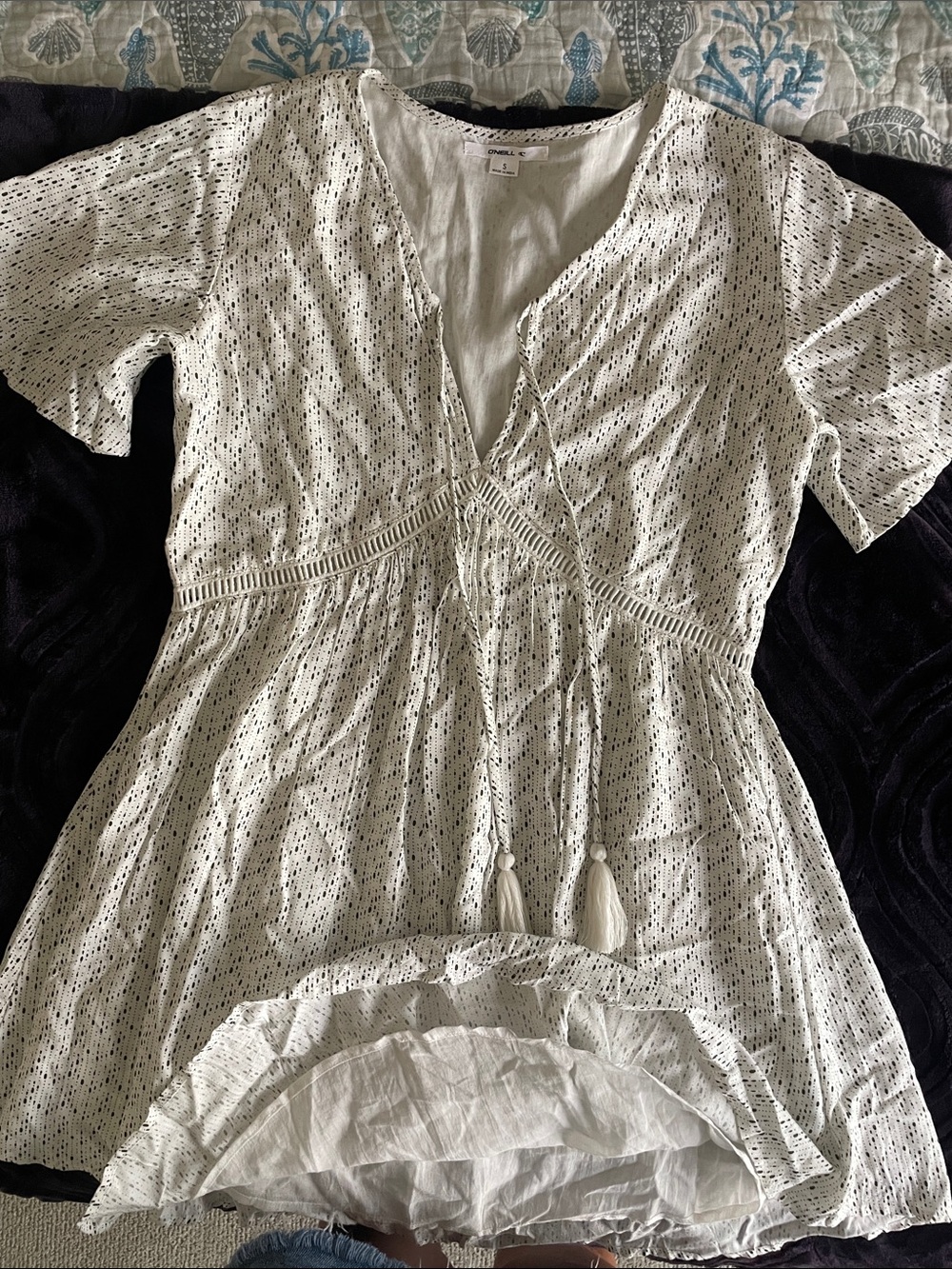O'Neill white Eyelet Mini Dress with Tassel Ties